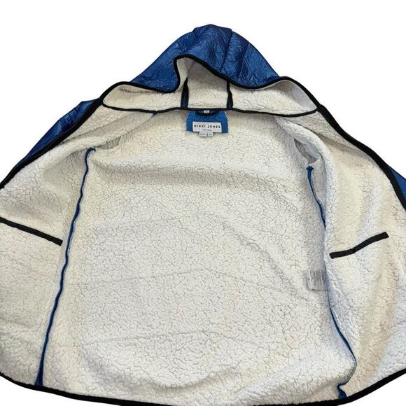 Nikki Jones Montreal Metallic Blue Sherpa Jacket Women's S Oversized Warm Modern - Picture 2 of 15